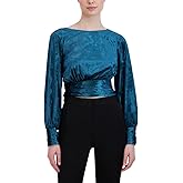 BCBGMAXAZRIA Women's Blouson Long Bishop Sleeve Top Boat Neck Shirred Waistband Cuff Shirt