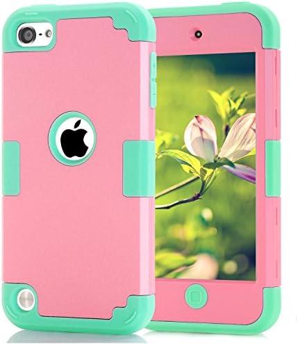 Case for iPod Touch 7 iPod Touch 6 Case, Silicone Shockproof Heavy Duty High Impact Armor Hard Case Cover for Apple iPod Touch 5th 6th 7th Generation (Pink+Green)