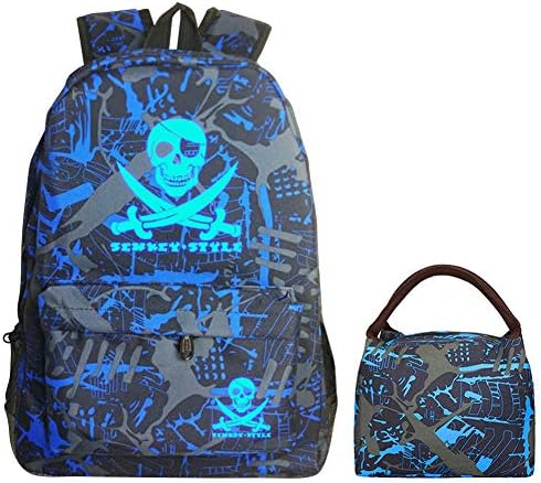 Glow in the Dark Backpack with Lunch Bag, 14" Water Resist Oxford School Backpack with Lunchbag (Graffiti Blue - Pirate)