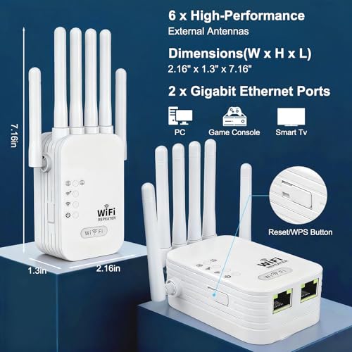 WiFi Repeater,WiFi Extender Signal Booster,1200Mbps,5G/2.4G Dual Band WiFi Extender with Ethernet Port,9800 sq ft Coverage,Supports 50+ Devices,Repeater/AP Mode,Six Antennas,WPA2,One-touch Setting