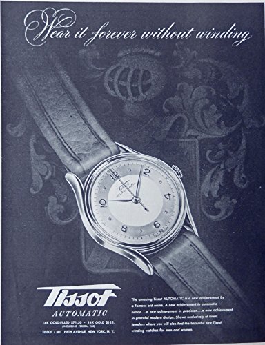 Tissot Automatic Watch, 40's Print Ad. Full Page B&W Illustration (14K Gold Filled) Rare, Original Vintage 1947 The Saturday Evening Post Magazine Art