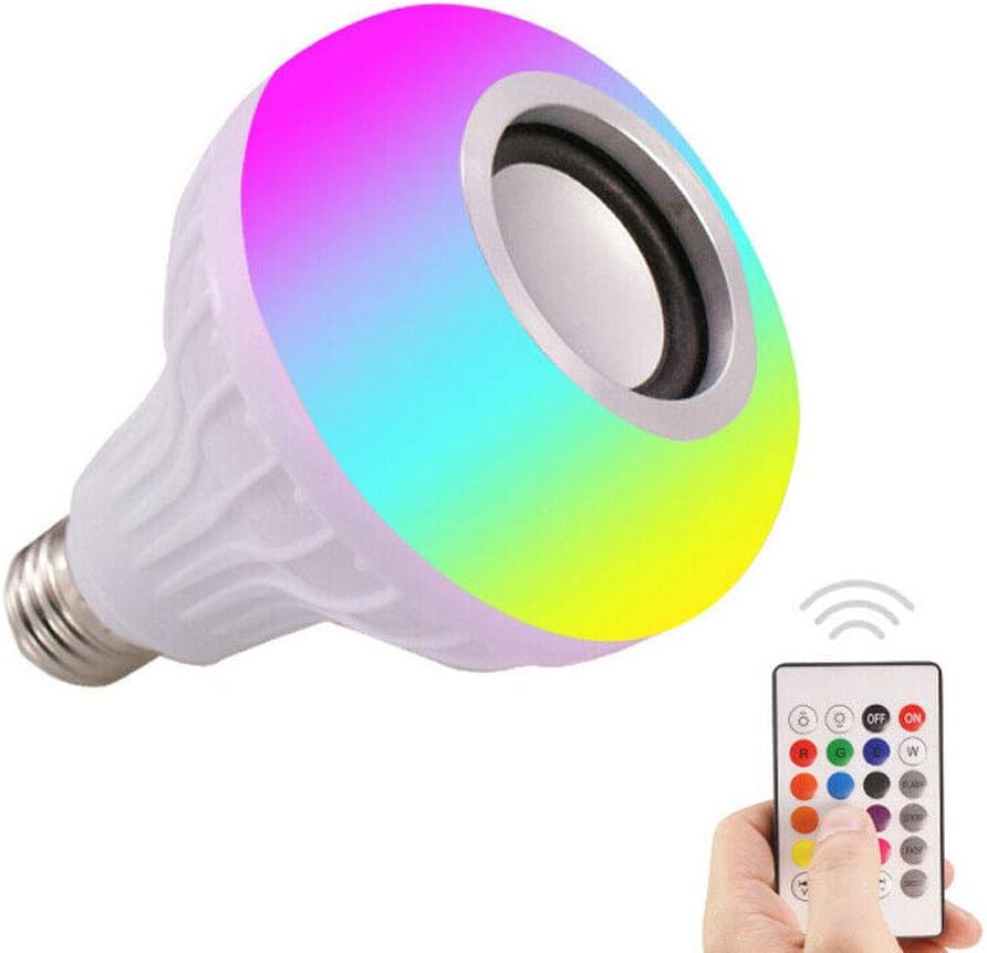 LED Bluetooth Light Bulb Speaker, 12W E27 RGB Changing Lamp Wireless Stereo Audio with 24 Keys Remote Control (White, E27)