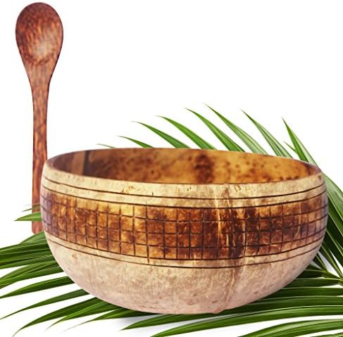VIBE Coconut Bowl with Spoon - Mix and Match, 7 Designs To Choose From. Hand-Carved and Sustainably Produced By Top Coconut Smoothie Bowl Artisan - Premium, Vegan, Buddha Bowls (Catalina)