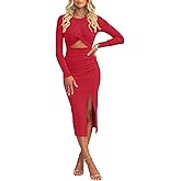 oten Women Casual Long Sleeve Cutout Twist Front Side Slit Ribbed Knit Party Bodycon Midi Dresses
