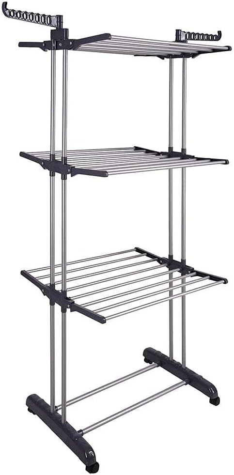 Mutiwill Foldable 3 Layer Tier Clothes Airer Folding Hanger Dryer Stand Rack Powder Coated Tube Indoor Outdoor Laundry Grey