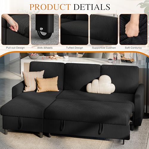 Shintenchi Sofa Bed Sleeper Pull Out 2 in 1 Sectional Sleeper Sofa Couches with Storage, Pullout Sectional Couches for Apartment Living Room, Black