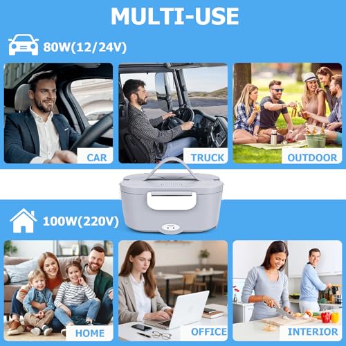 ZWOOS® 100W Scaldavivande Elettrico Portatile 12V 24V 220V Scalda Vivande Elettrico con Borsa Forchetta e Cucchiaio per Auto Camion e Ufficio Schiscetta Pranzo Riscaldabile 2 Contenitori Acciaio Inox