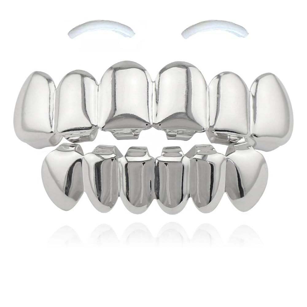 SSyang Hip Hop Teeth Grills for Mouth Braces Decoration with 2 Silicone Moldings Hip Hop Teeth Grills for Mouth Top Bottom Music Festival Party Hip Hop Rapper Decorations (Silver)