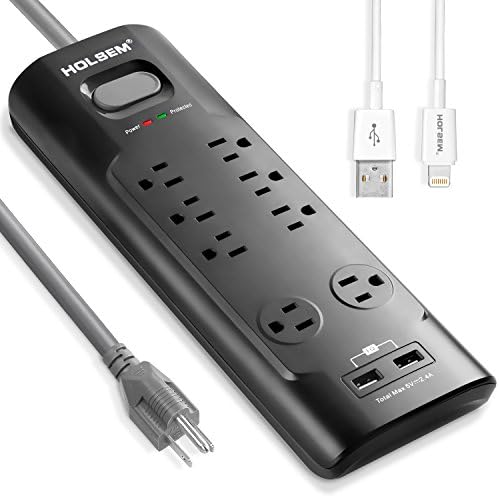 HOLSEM Power Strip Surge Protector 8 Outlets &amp; 2 Smart USB Charging Ports (5V/2.4A), 6' Heavy Duty Extension Cord, Black, One HOLSEM USB Lightning Cable for iPhone, iPod, iPad