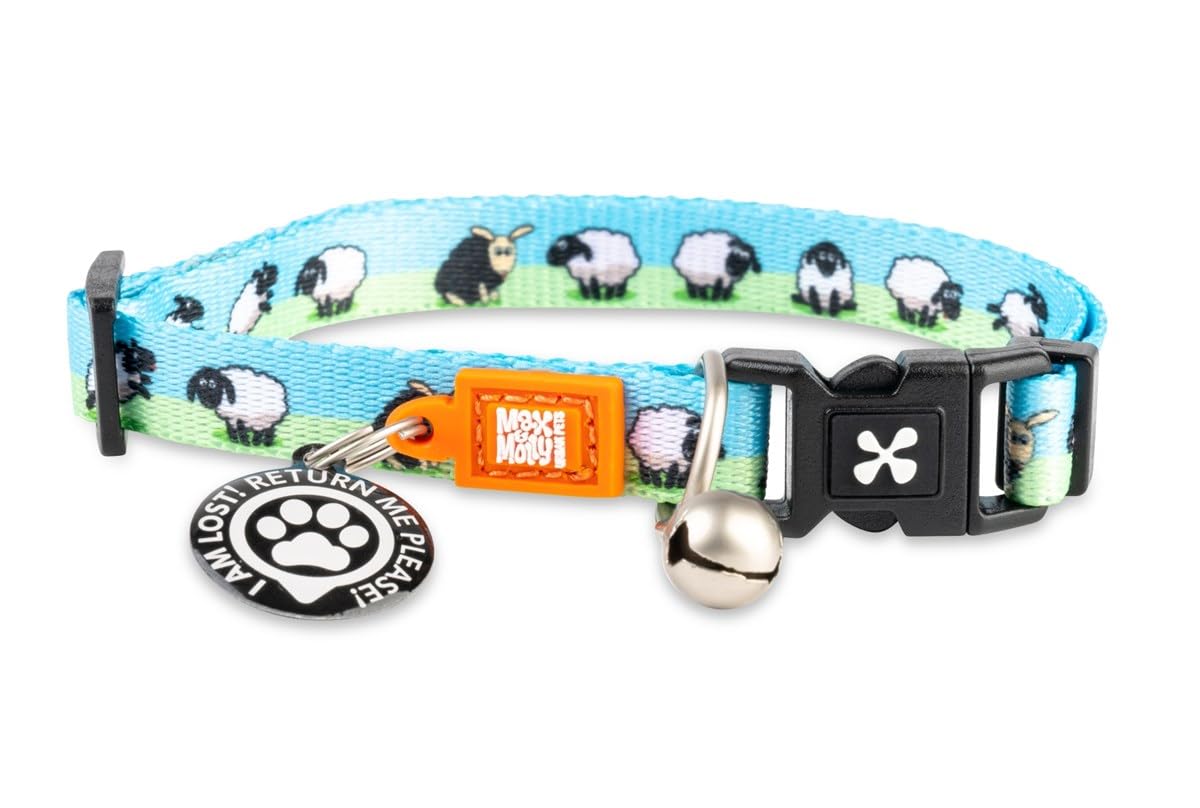 Max & Molly Urban Pets Fun & Bright Cat Collar w/Jingle Bell, Breakaway Safety Buckle, Adjustable Sizing & Smart ID Personalized Tag for Girl or Boy Cats/Kittens, Whimsy Sheep Design (189021)