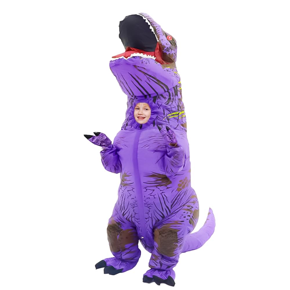 Rafalacy Kids Inflatable T-rex Costume Blow up Dinosaur Outfit Funny Halloween Dino Costume Suit (Purple)