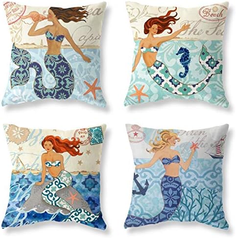 LuckyCow Theme Throw Pillow Cover Mediterranean Cotton Linen Square Cushion Covers 18 X 18 Set of 4 Blue Watercolor Throw Pillow Case Outdoor Bench Decorative