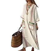 Akivide Women's Striped Cotton Linen Maxi Dress Summer Oversized Half Sleeve V Neck Flowy Hem Dress with 2 Big Side Pockets