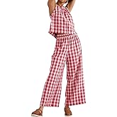 codcm Women 2 Piece Summer Outfits Gingham Lounge Set Y2k Plaid Sleeveless Top Wide Leg Pants Matching Set