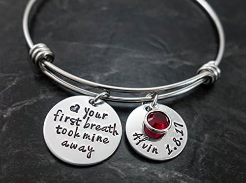 Wire Bangle / Your First Breath Took Mine Away / New Mom Jewelry / Hand Stamped