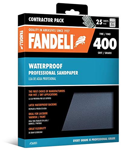 Fandeli 36001 400 Grit Waterproof Sandpaper Sheets, 9"  x 11", 25-Sheet