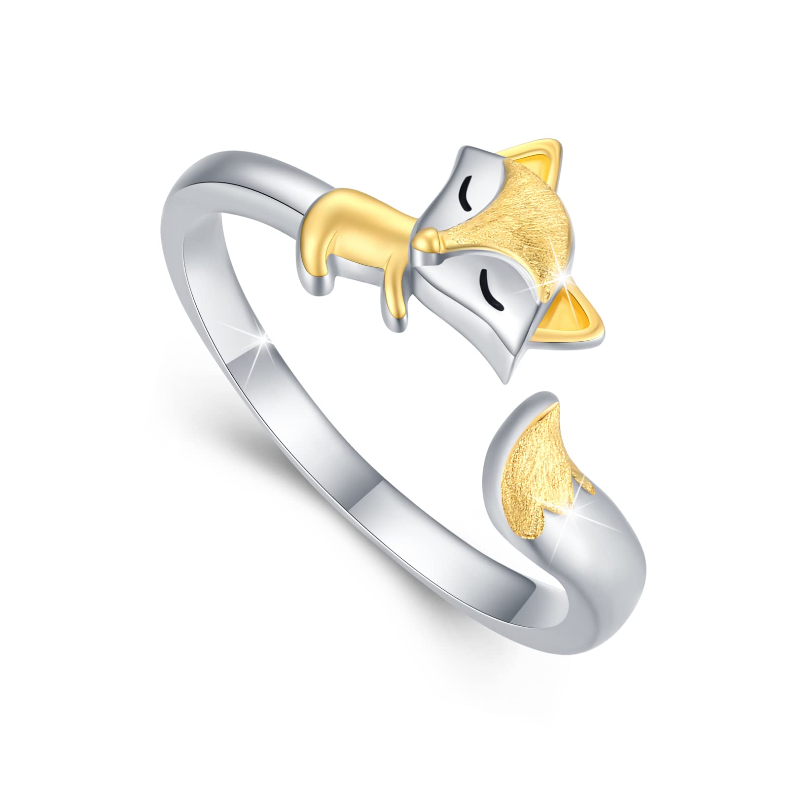 SOESON Fox Ring 925 Sterling Silver Adjustable Fox Ring Animal Ring Jewellery Gift Christening Gifts for Women (Gold 8#