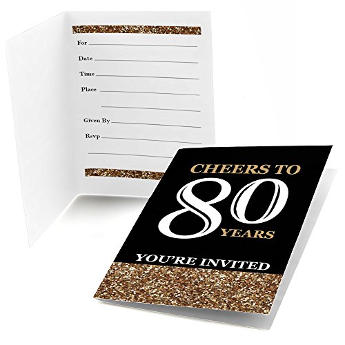 Big Dot of Happiness Adult 80th Birthday - Gold - Fill-in Birthday Party Invitations (8 Count)