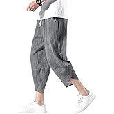 INVACHI Men's Casual Elastic Waist Linen Capri Pants Wide Leg Baggy Cotton Harem Yoga Trousers