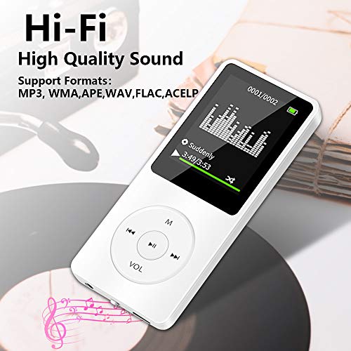 Aigital MP3 Player, Portable HiFi Lossless Sound Music Player with 32 GB Micro SD Card and Support Up to 128GB, Support Photo Viewer, Game/E-Book, Built in Speaker-White