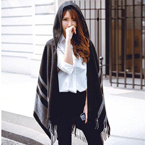 Women's Oversized Blanket Poncho Cape Shawl Stripes Cardigan Coat Hoodie with Tassel (Black) - Thumbnail 4
