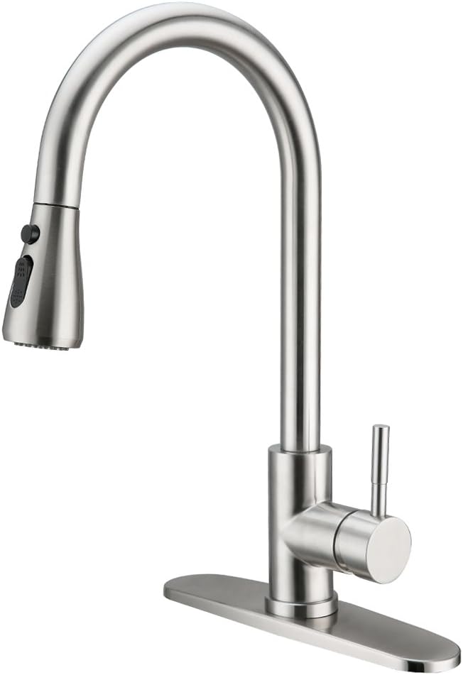 Charmingwater Single Handle Kitchen Sink Faucet, Pull out High Arc Brushed Nickel and Single Level Stainless Steel with Pull down Sprayer with Cover Plate, 2 Modes, Upgrade Version