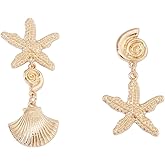 Starfish Seashell Asymmetry Earrings Sea Shell Conch Dangle Earrings Hypoallergenic Cowrie Shell Earrings Studs, Shell Jewelry Gifts Funny Earrings for Women