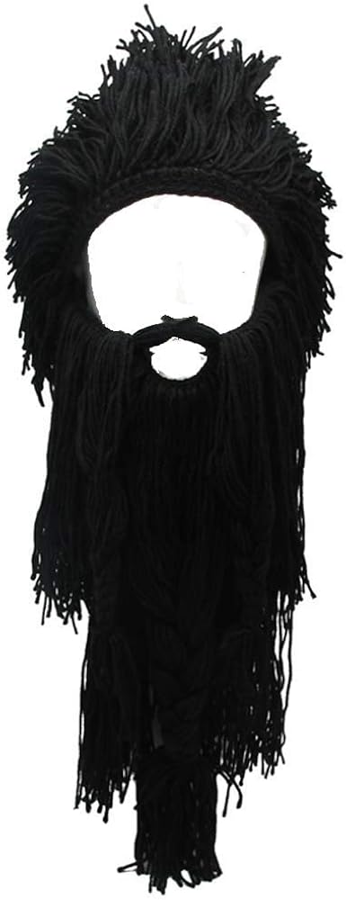 YEKEYI Barbarian Knit Long Beard Hat Adult Viking Fake Hair Wig Visor Knitted wool Funny Skull Cap, Black