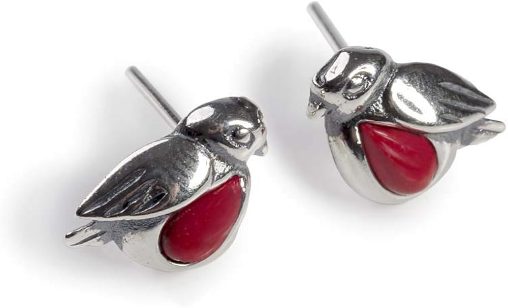 Miniature Robin Stud Earrings in 925 Silver and Coral Christmas Jewellery with Gift Box Amazon