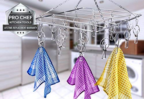 Pro Chef Kitchen Tools Laundry Drying Rack - Rectangle Hanging Clothes Dryer with 18 Clothes Pins - Hangers with Clips - Retractable Clothesline - Mitten Drying Rack - Indoor Outdoor Laundry Hanger - Thumbnail 5