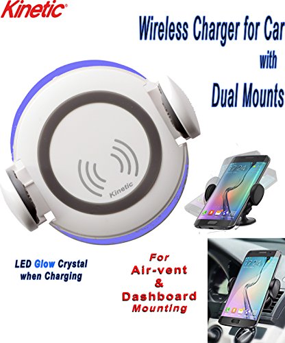 Kinetic Brand Wireless Car Charging Mount for Use with iPhone X/8 Samsung QI Compatible Fast Charging Portable (White)