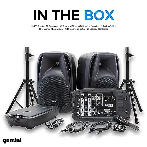 Gemini Dual 10" Powered PA System & Stands, 600W (ES-210MXBLU-ST) | Dual 10" PA with tripod stands - 6-channel powered mixer, 4 mic in - Bluetooth, USB - mic included