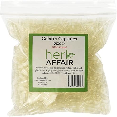 Herb Affair Size 3 Clear Empty Gelatin Capsules - 1000 Count - Smaller 150-300 mg by Herb Affair