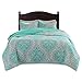 Comfort Spaces Coco 3 Piece Quilt Coverlet Bedspread Ultra Soft Printed Damask Pattern Hypoallergenic Bedding Set, Full/Queen, Teal - Grey