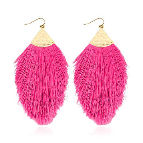 Bohemian Silky Thread Fan Fringe Tassel Statement Earrings - Lightweight Strand Feather Shape Dangles, 3 Inch L, Metal Polyester, polyester