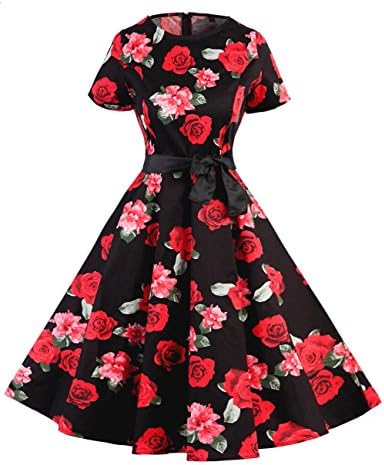 LaceLady Sleeves Vintage 50s Dress Rose Floral Cocktail Dresses With Belt Black RedRose XL
