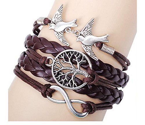 Most Beloved Vintage Style Black Leather Rope Tree Branches Love Birds Infinity Love Bracelet