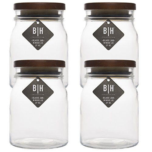 Blue Harbor (4 Pack) 27oz Clear Glass Storage Jars With Wood Lids Decorative Kitchen or Craft Jar Set