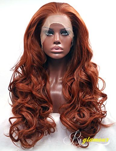 Riglamour Deep Copper Red Lace Front Wig Long Wavy Fiber Hair Synthetic Wigs for Women (#350)