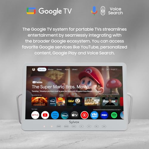 SYLVOX Smart Portable TV, 15.6'' Rechargeable Television 12V 10000mAh Battery Operated TV, IP66 Waterproof, Wireless, Google Assistant, Small Television for Bedroom Bathroom Kitchen Camping