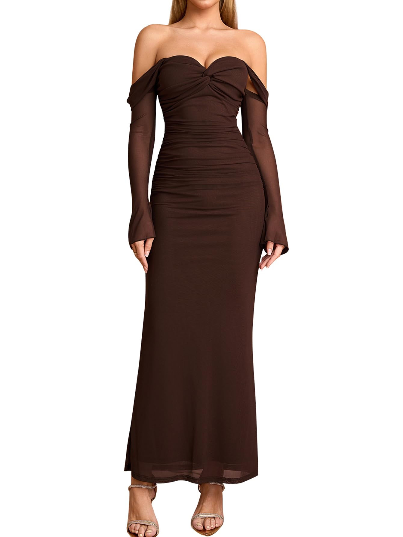 Photo 1 of KUTUMAI Off Shoulder Long Sleeve Formal Dress Elegant Bodycon Ruched Cocktail Wedding Guest Dresses for Women 2025 Fall Brown S
