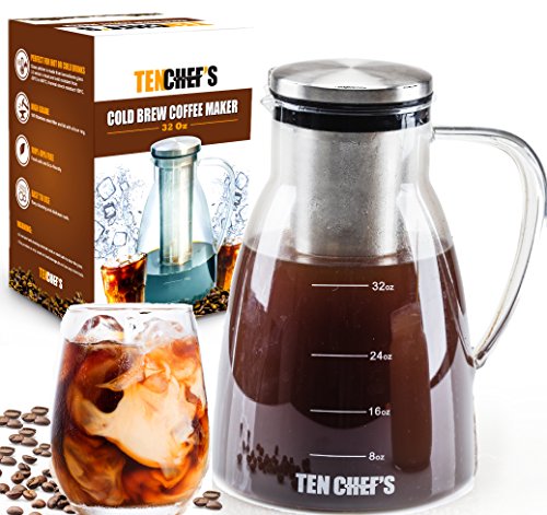 ONE DAY SALE! - Cold Brew Coffee Maker and Tea infuser - 32OZ - Premium Glass pitcher with lid Stainless Steel FilterPerfect For Homemade Cold Brew and Iced Coffee,Easy to clean and wash by Tenchefs (Best Homemade Car Wash)