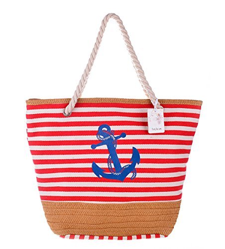 Sumerk Oversize Striped Canvas Beach Bag Cotton Totes with Rope Handle