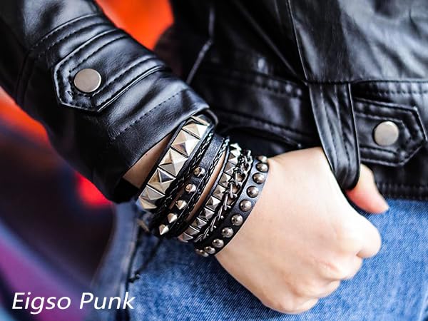 Eigso 4 Pcs Punk Leather Rock Studded Bracelets for Men Women Retro Classic Spiked Metal Cuff Bracelet Set for Man Woman