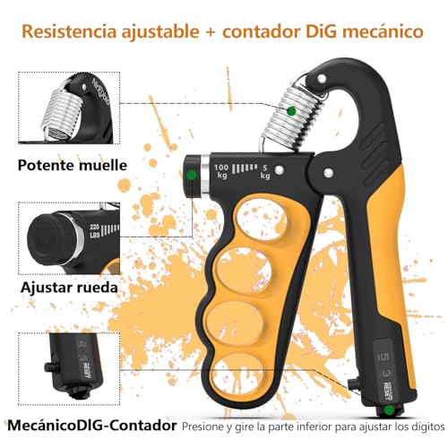 Rantuia Ejercitador de Mano, 5-100 kg Ajustable Fortalecedor de Fortalecedor de Agarre de Mano, Entrenamiento de Antebrazo Hand Grip para Deportes de Palma y Antebrazos y Dedos.