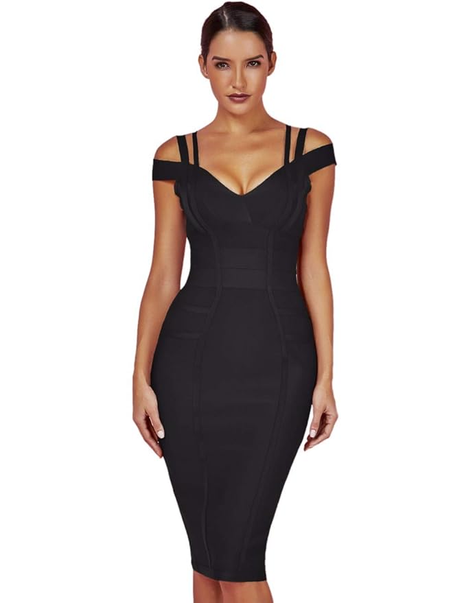 Whoinshop Damen Rayon V-Ausschnitt Festliche Figurbetontes Clubwear Bandage Partykleider Bodycon Kleider (XL, Schwarz)