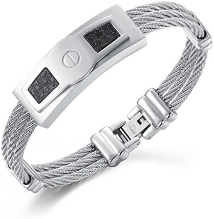 Men's Stainless Steel Twist Cable Wire Leather Charms Bracelet