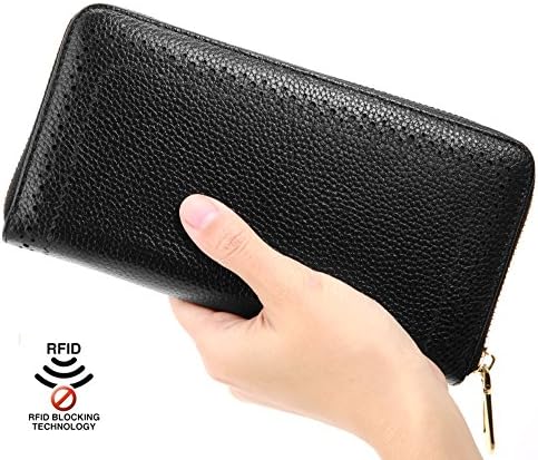 Kenoor Women's RFID Blocking Leather Wallet Leather Card Holder Zipper Wristlet Clutch (Black)