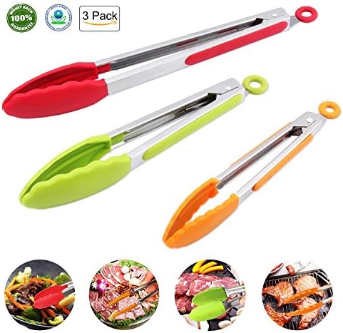 Kitchen Tongs Silicone Tongs Heavy Stainless Steel 3 Pieces 7 9 12 Inches Kitchen Restaurant Outdoor Barbecue Tongs (Red, Green, Orange)