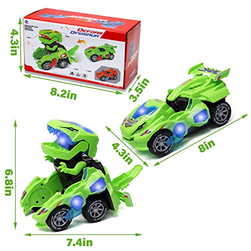 Motiloo Transforming Dinosaur Toys,LED Transforming Dinosaur Car,3D Automatic Transforming Dinosaur Car with Light Sound for Kids Christmas Toy Gifts(Green)